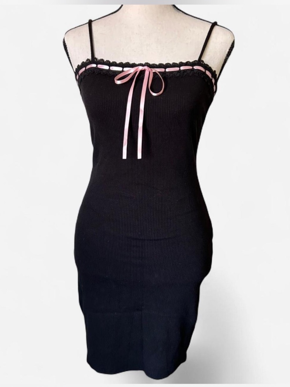 Y2K Goth Barbie Core Black Ribbed Lace Ribbon Coquette Mini Dress Size Small